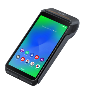 Terminal de paiement Android moderne avec écran tactile, NFC intégré et design compact professionnel.