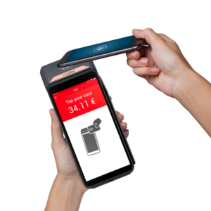 Paiement sans contact avec smartphone sur terminal moderne affichant 34,11 €