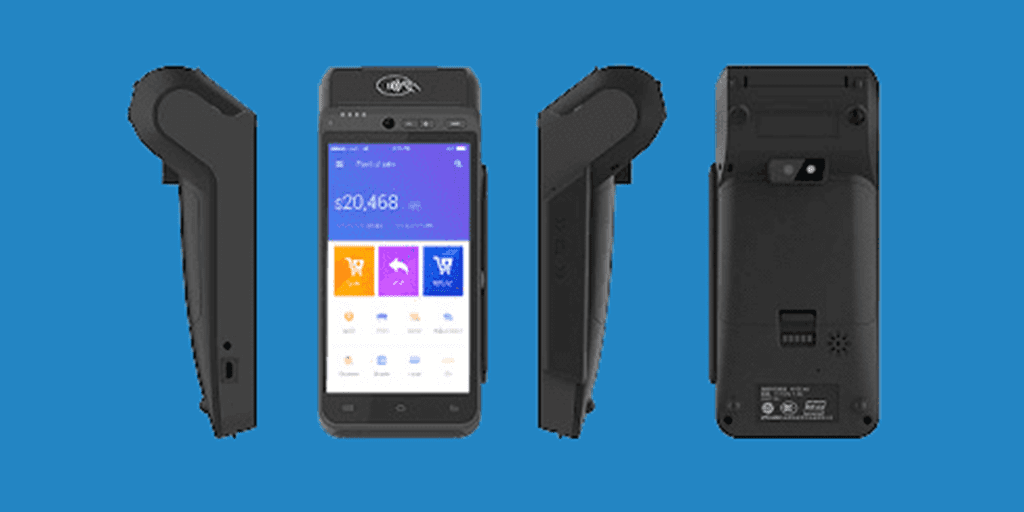 Terminal de paiement mobile moderne avec écran tactile et lecteur sans contact intégré.