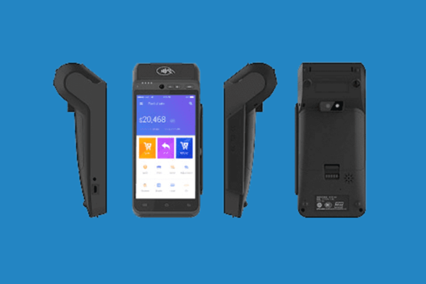 Terminal de paiement mobile moderne avec écran tactile et lecteur sans contact intégré.