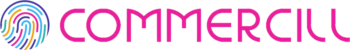 Logo magenta moderne avec emblème circulaire coloré symbolisant créativité et innovation digitale.