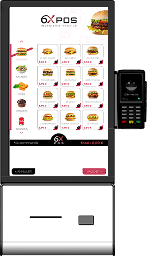 Borne de commande tactile moderne avec écran digital et terminal de paiement pour restaurant rapide.