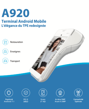 Terminal de paiement Android PAX A920 élégant, moderne et polyvalent pour commerce et restauration.