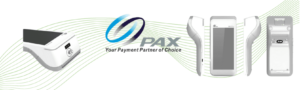 Terminaux de paiement PAX modernes avec logo et slogan sur fond clair professionnel.