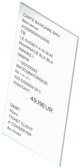 Ticket de carte bancaire française avec montant et détails de paiement en euros d’une pharmacie.