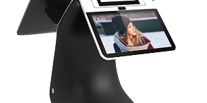 Caisse tactile PAX E800 noire avec double écran et terminal de paiement intégré élégant