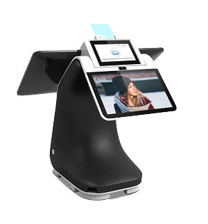 Caisse tactile PAX E800 noire avec double écran et terminal de paiement intégré élégant