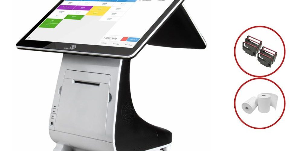 Caisse enregistreuse tactile PAX E800 avec écran inclinable et imprimante thermique intégrée.