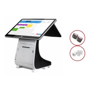 Caisse enregistreuse tactile PAX E800 avec écran inclinable et imprimante thermique intégrée.