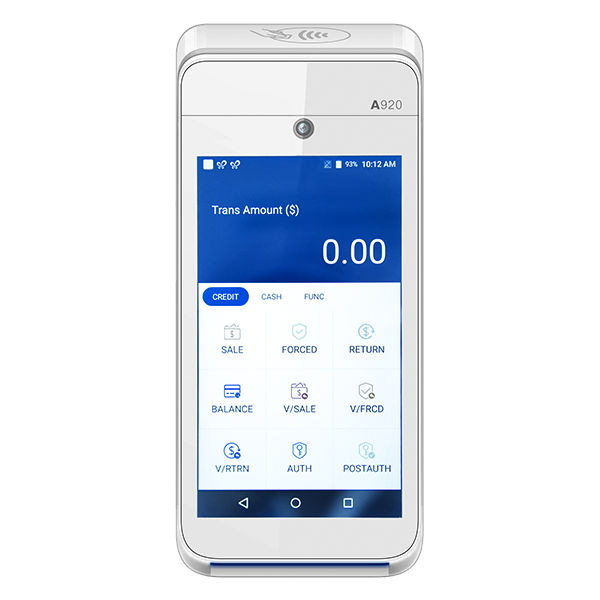Terminal de paiement mobile PAX A920 blanc avec écran tactile moderne pour transactions sécurisées.