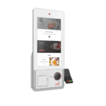 Borne tactile de commande moderne avec écran vertical et paiement sans contact pour restaurant.