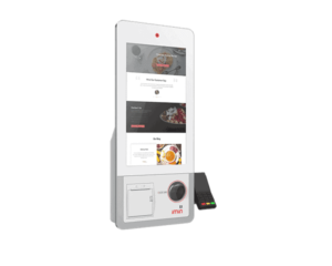 Borne tactile de commande moderne avec écran vertical et paiement sans contact pour restaurant.