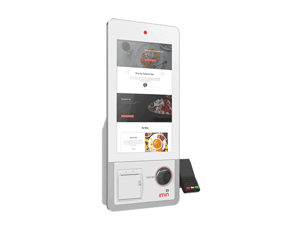 Borne tactile de commande moderne avec écran vertical et paiement sans contact pour restaurant.