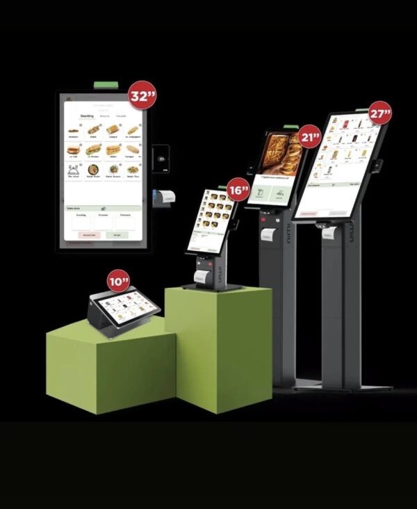 Bornes tactiles de commande et paiement pour restaurants modernes, affichant menus numériques interactifs.