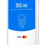 Terminal de paiement électronique moderne blanc et bleu avec écran tactile affichant une transaction de 50 €.