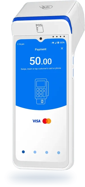 Terminal de paiement électronique moderne blanc et bleu avec écran tactile affichant une transaction de 50 €.