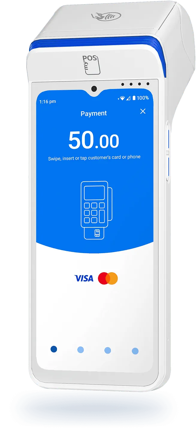Terminal de paiement électronique moderne blanc et bleu avec écran tactile affichant une transaction de 50 €.