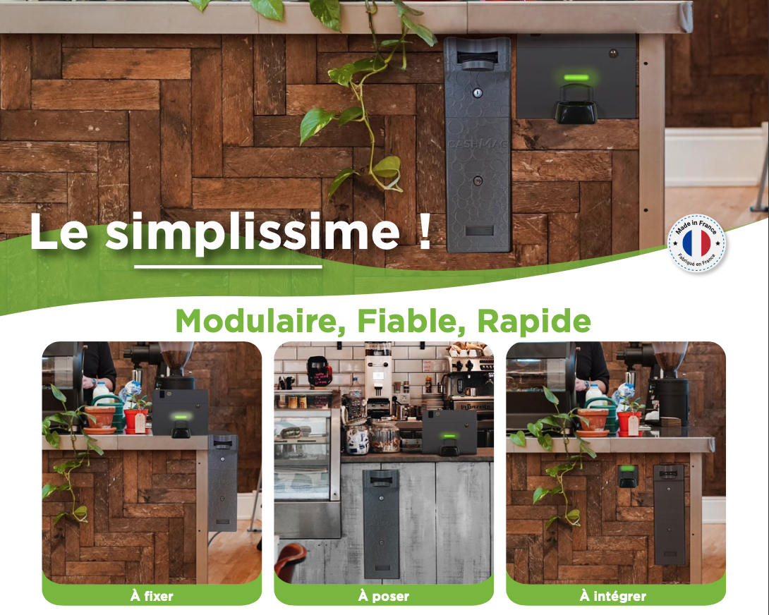 Monnayeur automatique modulaire pour comptoirs de café et restaurants, design moderne et fabrication française.