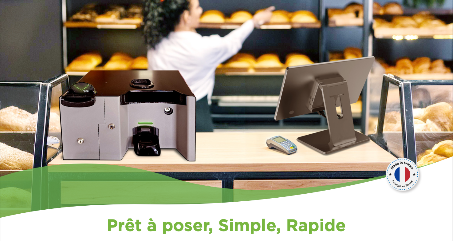 Système de gestion de caisse moderne dans une boulangerie artisanale française.