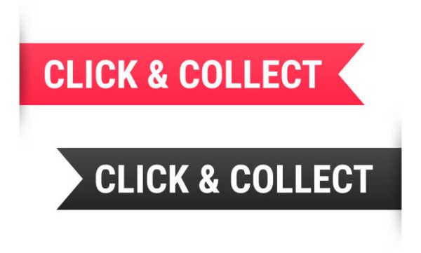 Bannières rouges et noires “Click & Collect” modernes avec texte blanc et flèche directionnelle.