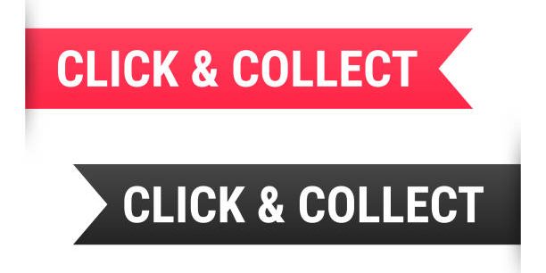 Bannières rouges et noires “Click & Collect” modernes avec texte blanc et flèche directionnelle.