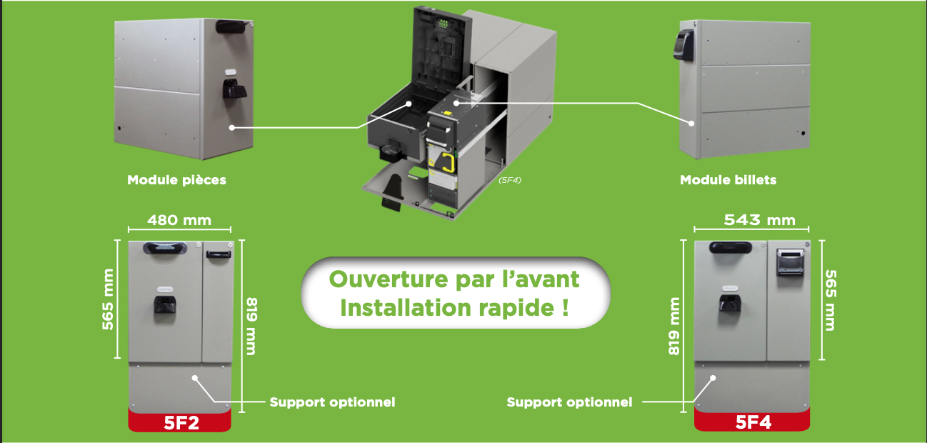 Modules sécurisés de gestion d’argent avec ouverture frontale et installation rapide.