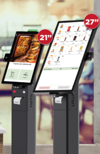 Bornes de commande iMin 21 et 27 pouces pour restaurants modernes et services rapides.