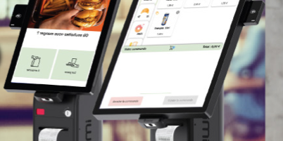Bornes de commande iMin 21 et 27 pouces pour restaurants modernes et services rapides.