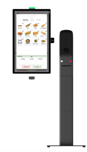 Borne de commande tactile moderne avec écran vertical pour restaurants rapides et cafés.